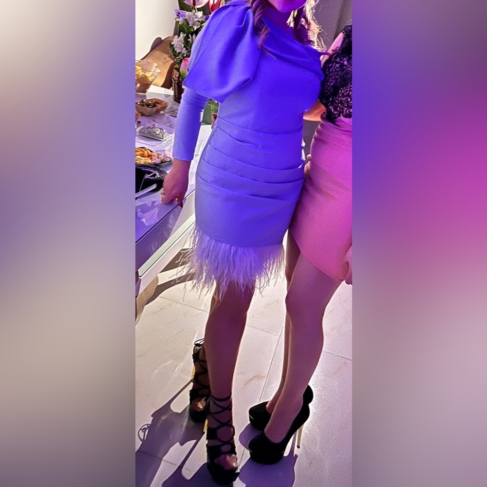 Elegant One-Shoulder Hand-Sewn Dress with Feather Details